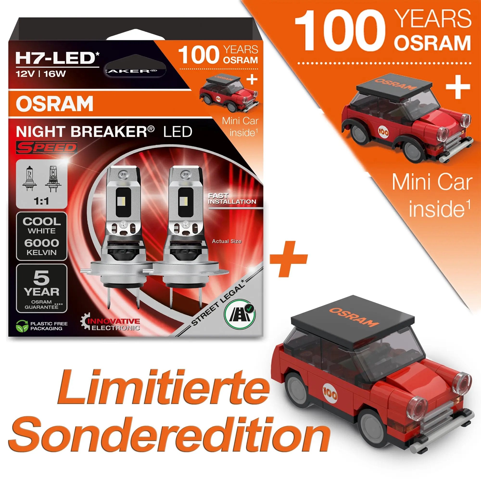 H7 NIGHT BREAKER LED SPEED 2St. + 100 Jahre OSRAM JUBILÄUMS MINI CAR Autoteile TRUST