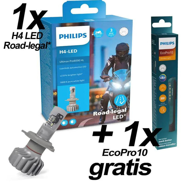 H4 12V 18W Ultinon Pro6000 LED 5800K Moto + EcoPro10 Philips Autoteile TRUST
