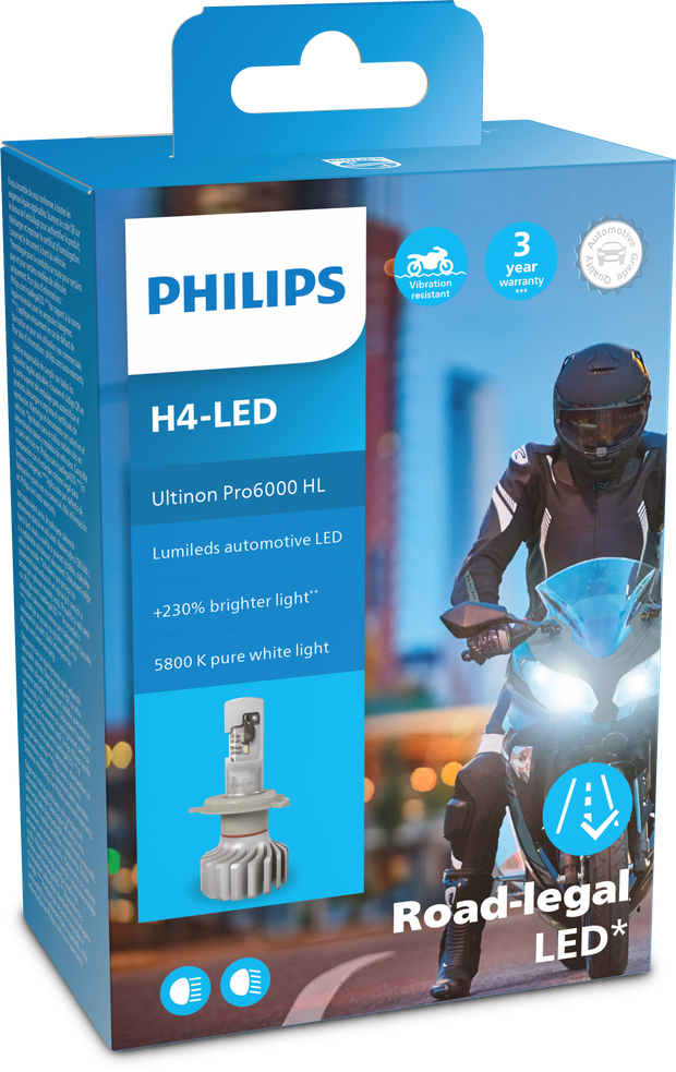 H4 12V 18W Ultinon Pro6000 LED 5800K Moto + EcoPro10 Philips Autoteile TRUST